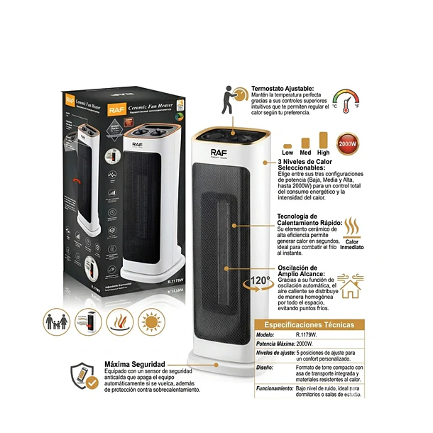 Calefactor Cerámico De Torre De 2000w Termostato Ajustable BLANCO 3