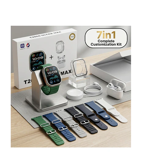 Reloj Smartwatch T2000 Ultra Max 7en3 + Audífonos +7 Correas