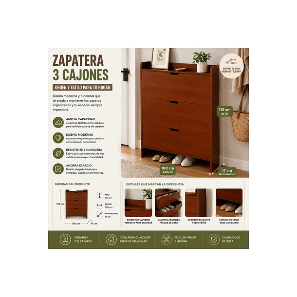 Zapatera Moderna Ángeles Del Hogar, 3 Estantes, Madera 2