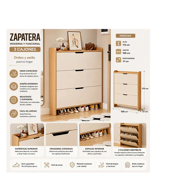 Zapatero Recibidor Mueble Organizador Para Zapatos Cajonera 2