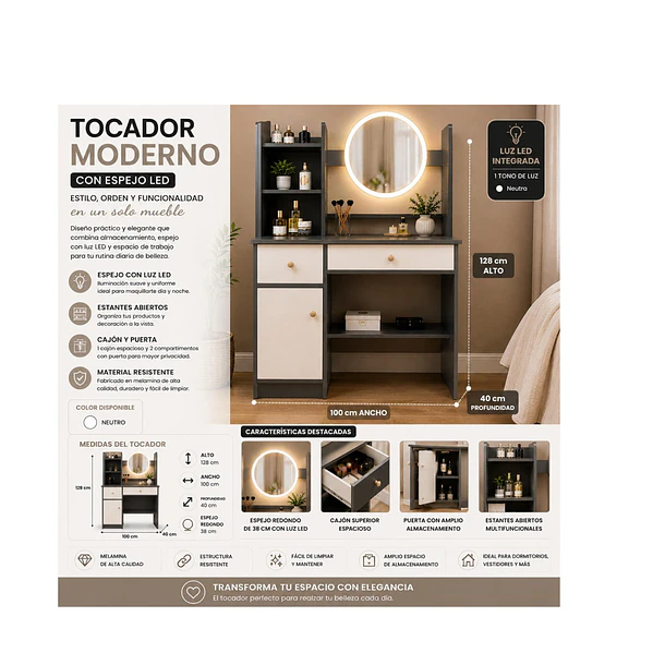 Tocador Moderno Con Espejo Led Iluminado  3