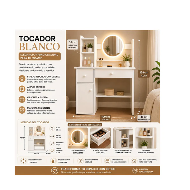 Tocador Moderno Con Espejo Led Iluminado  6