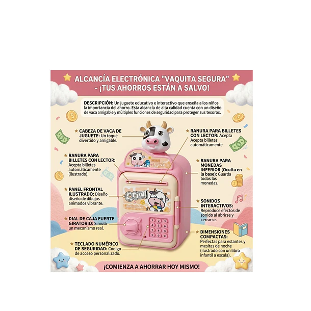 Alcancía Infantil Tipo Caja Fuerte Vaquita Con Luz/sonido ROSA 2