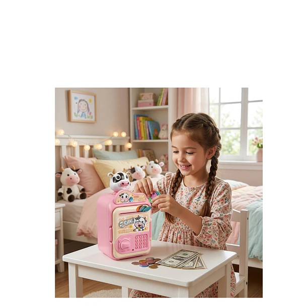 Alcancía Infantil Tipo Caja Fuerte Vaquita Con Luz/sonido ROSA 3