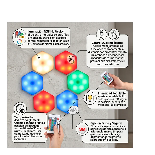 Luces Led Hexagonal Rgb Packx6 + Control Remoto Inalámbricas 2