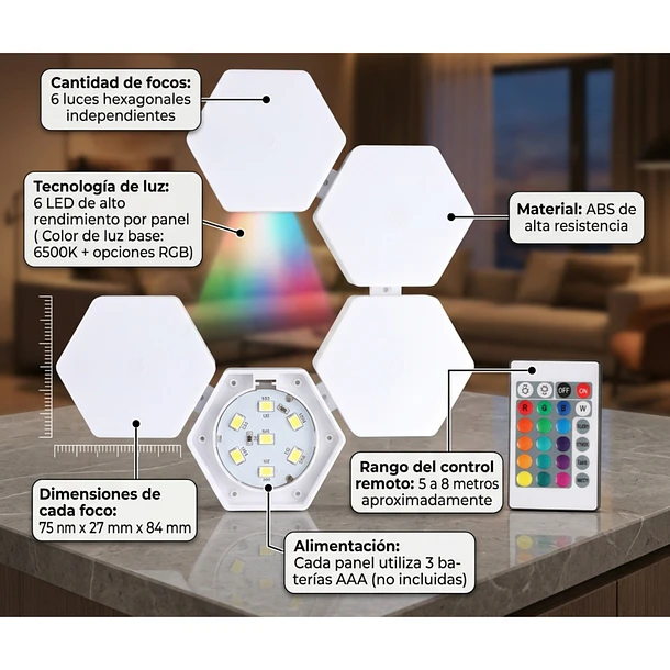Luces Led Hexagonal Rgb Packx6 + Control Remoto Inalámbricas 7