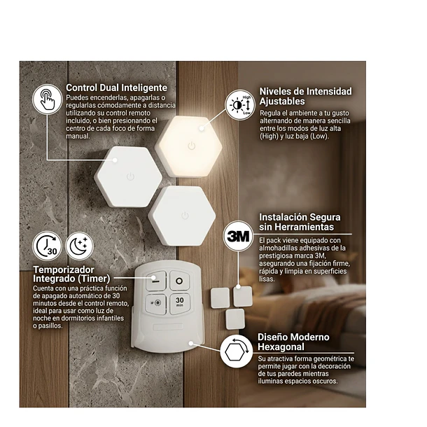 Luces Led Hexagonales Inalámbricas Packx3 Con Control Remoto 4