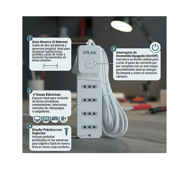 Alargador Eléctrico De 4 Tomas 5 Metros Certificada Sec 5