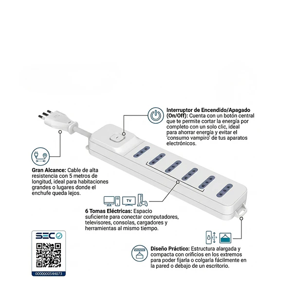 Alargador Eléctrico De 6 Tomas 5 Metros Certificada Sec 2