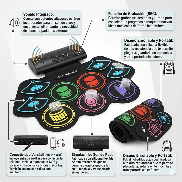 Batería Electrónica Portátil Enrollable Parlantes Y Pedales 6