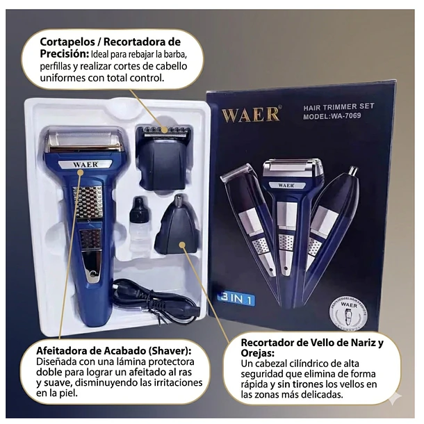 Máquina Cortadora De Pelo Afeitadora Recargable 3 En 1 Waer 2