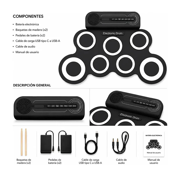 Batería Electrónica De Silicona Digital Portátil Con Pedales 3