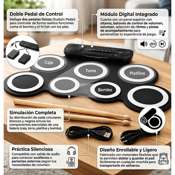 Batería Electrónica De Silicona Digital Portátil Con Pedales 4