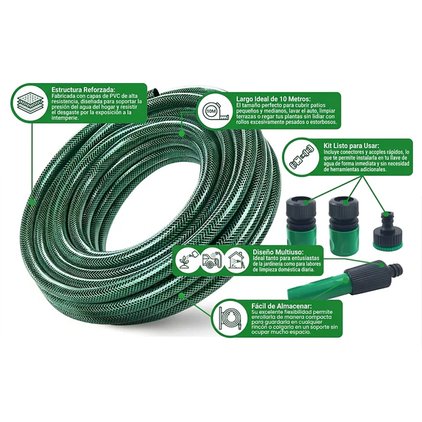 Manguera Para Jardín Reforzada 10 Metros Con Conectores Pvc 4