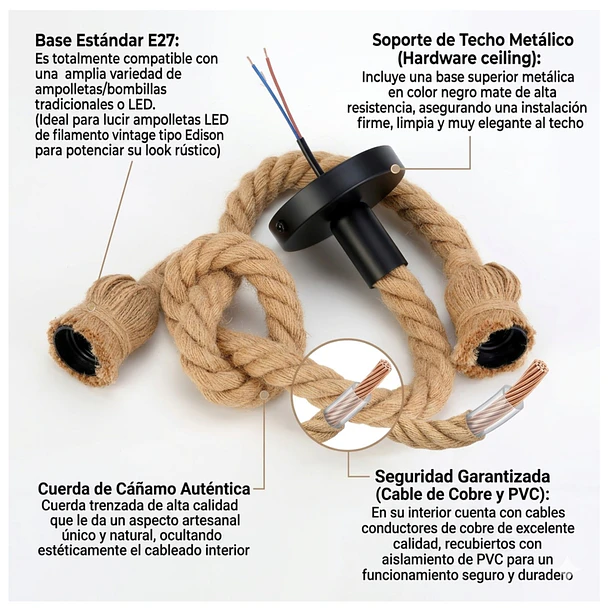 Lampara Colgante Vintage Cuerda 1 Ampolleta Soga De Techo 7