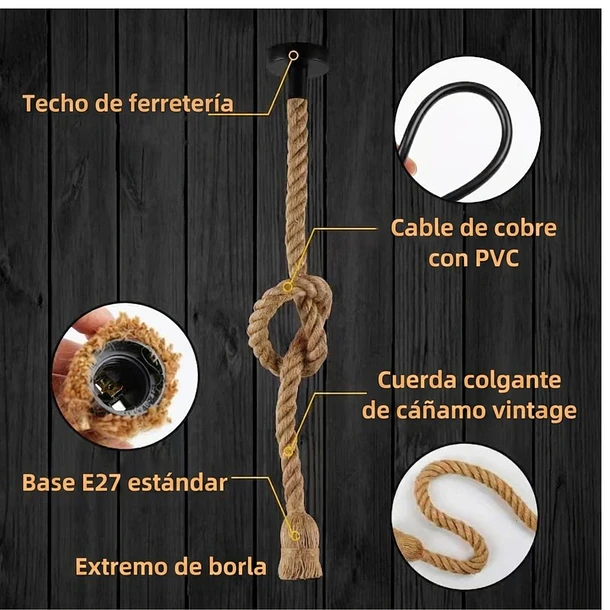 Lampara Colgante Cuerda Cañamo Vintage Rustica Soquete E27 4