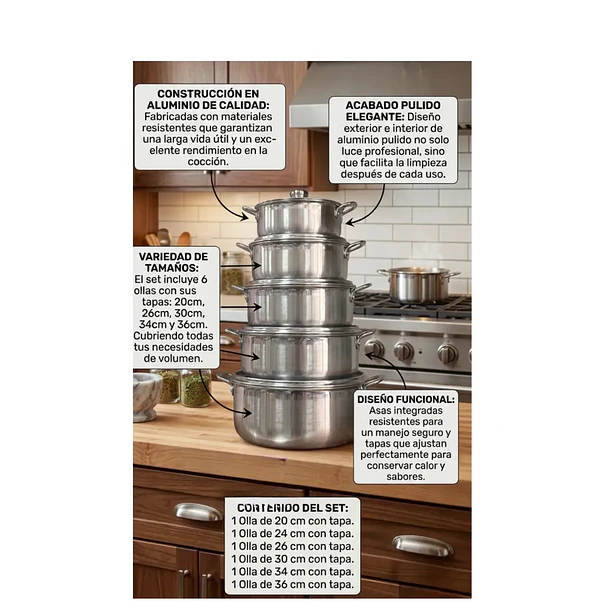 Juego De Ollas De Aluminio Pulido 6 Pcs Tamaños 20cm A 36cm 2