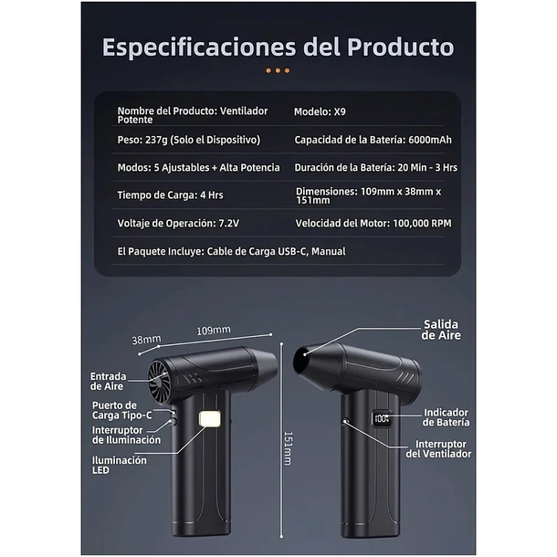 Soplador De Aire Portátil Inalámbrico X9 Para Limpieza Profunda  2