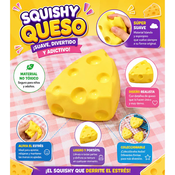 Juguete Antiestrés Squishy Queso Cheddar Blandito Sensorial CF 4