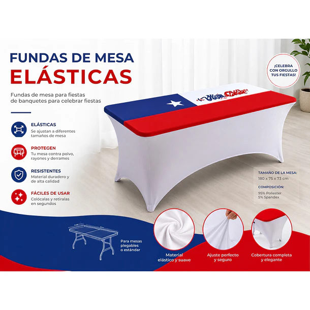 Mantel Funda De Mesa Elástica Diseño Bandera De Chile 180x75cm CF 3