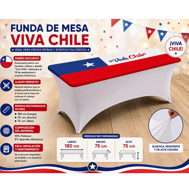 Mantel Funda De Mesa Elástica Diseño Bandera De Chile 180x75cm CF 4