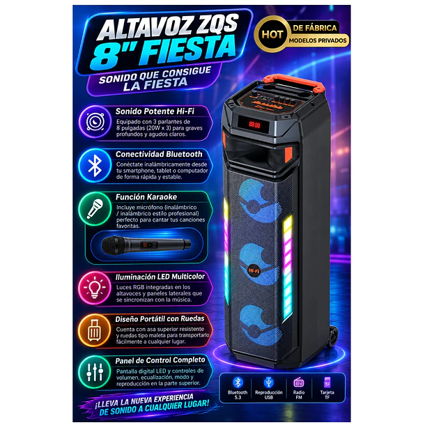 Parlante Torre Portátil Bluetooth Con Micrófono Y Luces Led CF 3