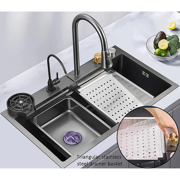 Lavaplatos De Acero Inoxidable 75x45 Con Monomando Cascada Lavavasos Y Accesorios CH 2