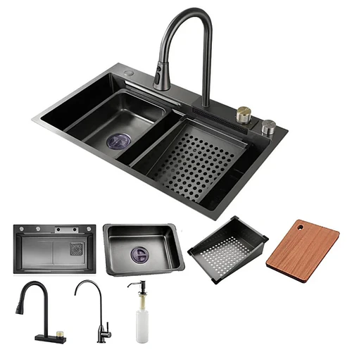 Lavaplatos De Acero Inoxidable 75x45 Con Monomando Cascada Lavavasos Y Accesorios CH