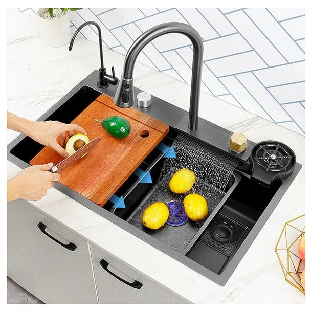 Lavaplatos De Acero Inoxidable 75x45 Con Monomando Cascada Lavavasos Y Accesorios CH 7