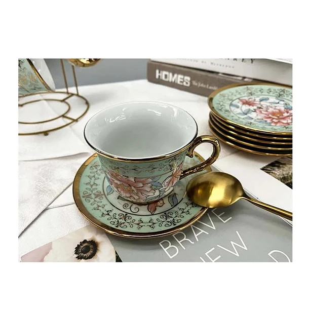 Set Juego De Tazas Y Platos De 12 Piezas Porcelana Fina Verde 5