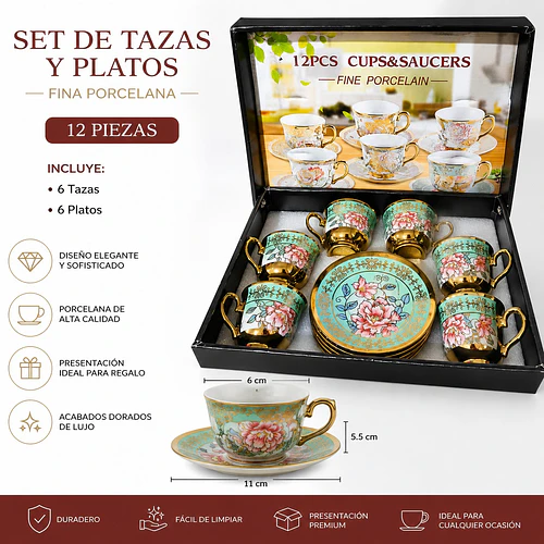 Set Juego De Tazas Y Platos De 12 Piezas Porcelana Fina Verde