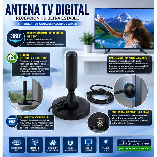 Antena Digital Hd Tv Interior Y Exterior Recepción 360° Base Magnetica 5