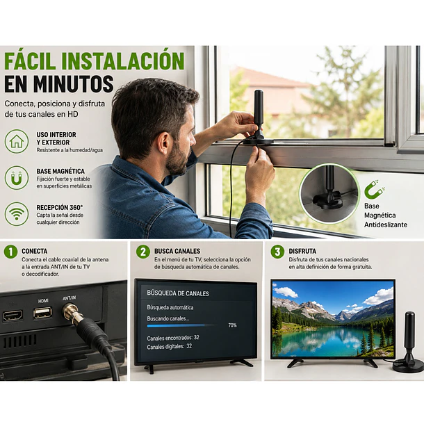 Antena Digital Hd Tv Interior Y Exterior Recepción 360° Base Magnetica 6