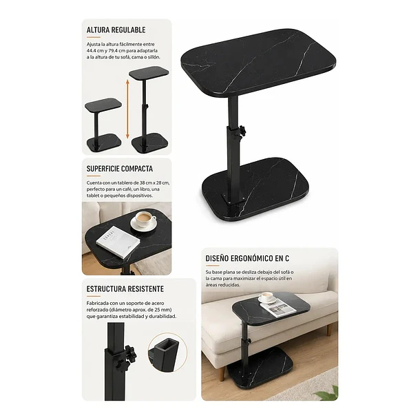 Mesa Auxiliar Ajustable Con Acabado Efecto Mármol Negro TN 2