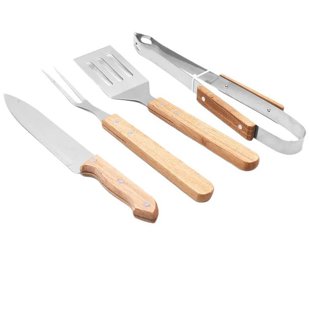Set / Kit Parrillero De 4 Piezas En Acero Inoxidable-madera CF 4