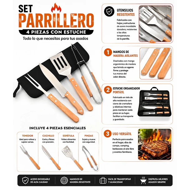 Set / Kit Parrillero De 4 Piezas En Acero Inoxidable-madera CF 5