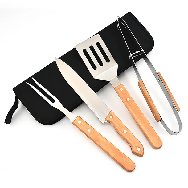 Set / Kit Parrillero De 4 Piezas En Acero Inoxidable-madera CF 6