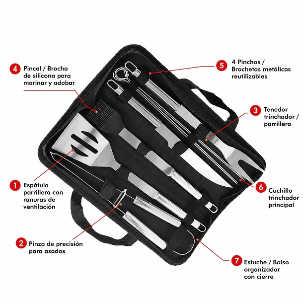 Set Parrillero De Acero Inoxidable 9 Piezas Con Estuche CF 3