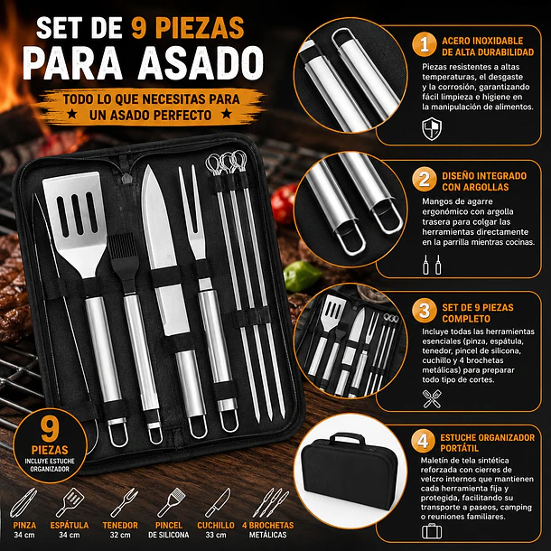 Set Parrillero De Acero Inoxidable 9 Piezas Con Estuche CF 6