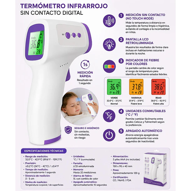 Termómetro Infrarrojo Digital De Frente Sin Contacto CF 6