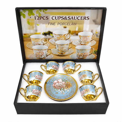 Set Juego De Tazas Y Platos De 12 Piezas Porcelana Fina Azul