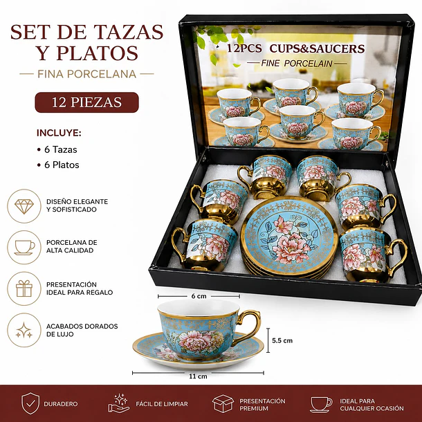 Set Juego De Tazas Y Platos De 12 Piezas Porcelana Fina Azul 4