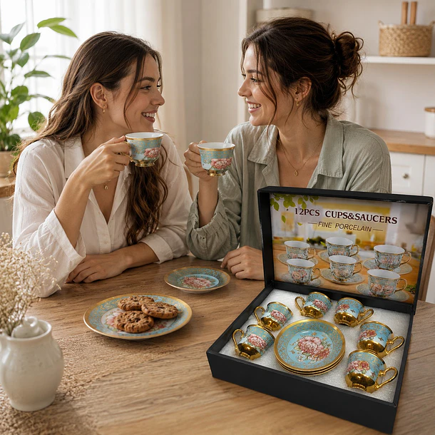 Set Juego De Tazas Y Platos De 12 Piezas Porcelana Fina Azul 6