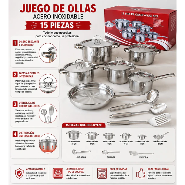 Juego Batería De Cocina 15 Piezas Acero Inoxidable Con Tapas CF 6