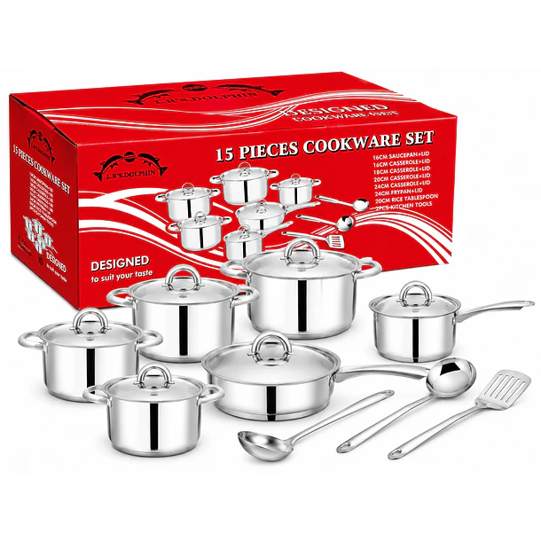 Juego Batería De Cocina 15 Piezas Acero Inoxidable Con Tapas CF 7