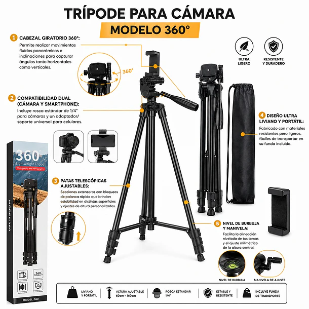 Trípode Ligero Para Cámara Y Celular Giro 360 Con Funda NL 7