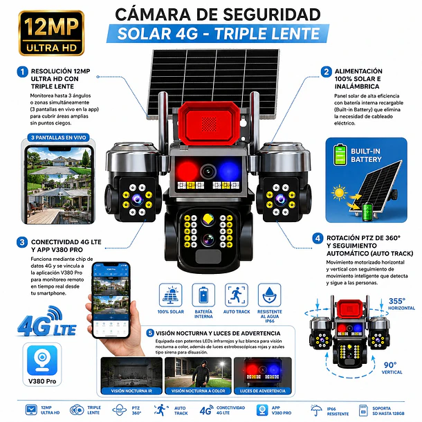 Cámara De Seguridad Solar 12mp 4g 3 Lentes Ptz V380 Pro NL 6