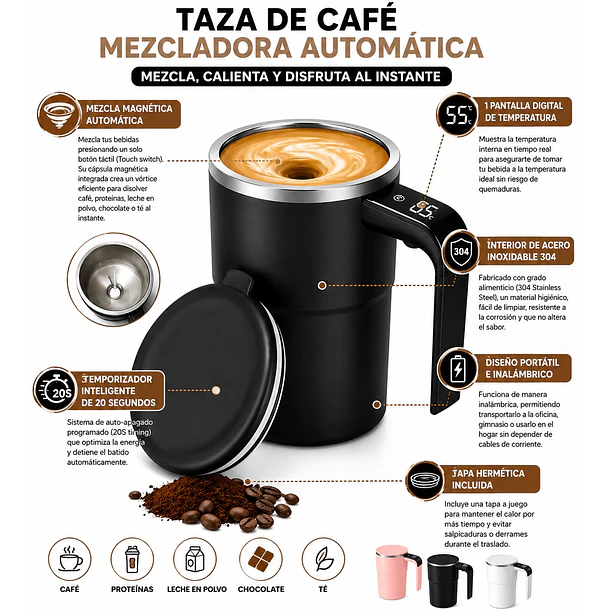 Taza Mezcladora Magnética Automática Acero 304 Con Indicador De Temperatura NL 2