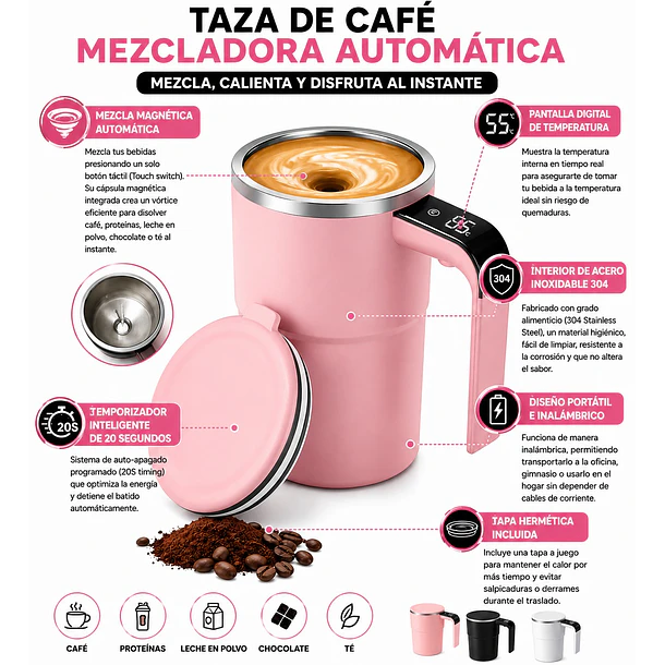 Taza Mezcladora Magnética Automática Acero 304 Con Indicador De Temperatura NL 4