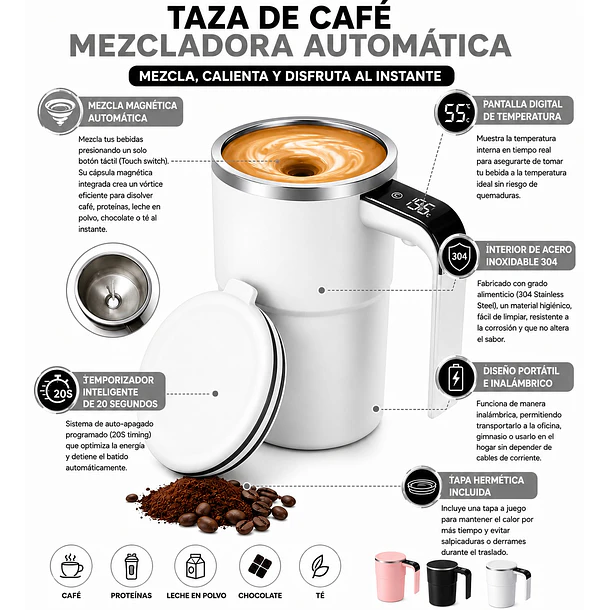 Taza Mezcladora Magnética Automática Acero 304 Con Indicador De Temperatura NL 10